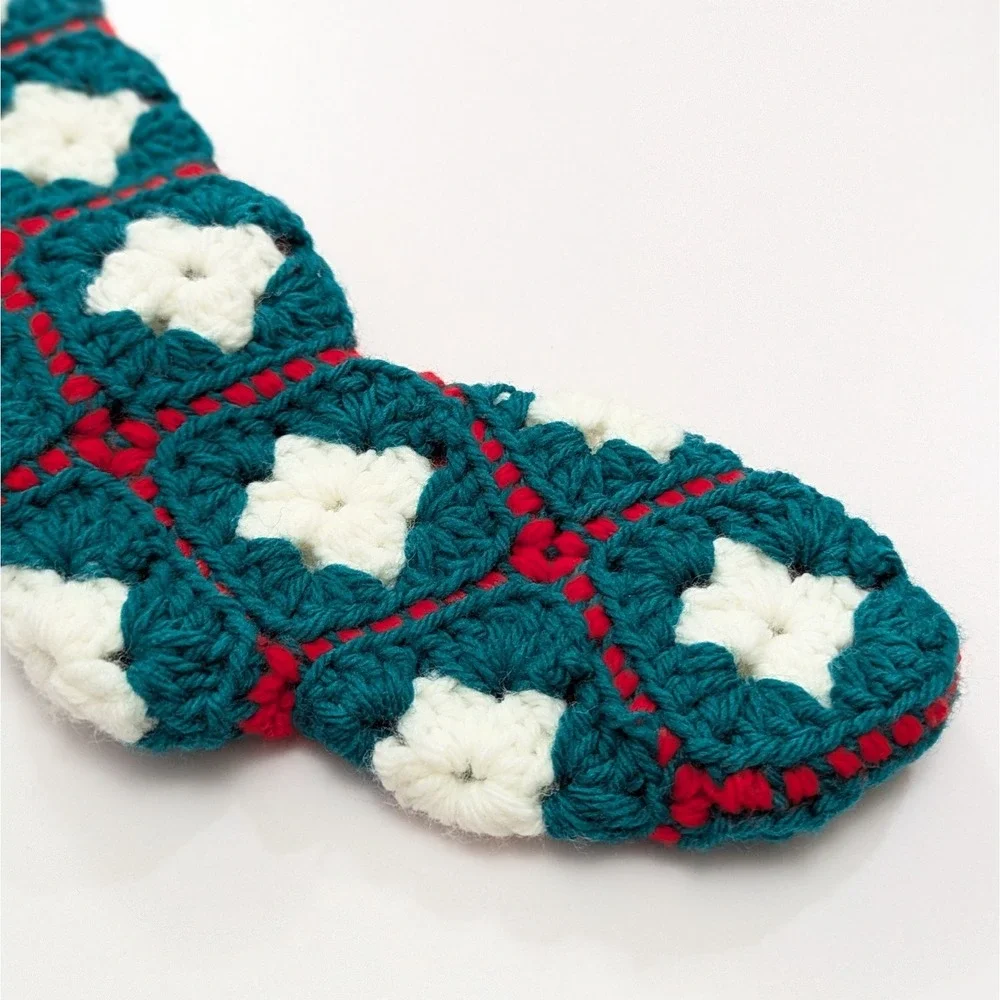 Vintage Granny Square Christmas Stocking Handmade Crochet Red Green White Yarn